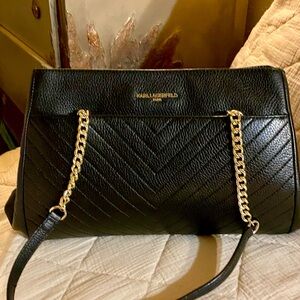 Karl Lagerfeld Black Quilted Chevron Shoulder Bag with Gold Chain